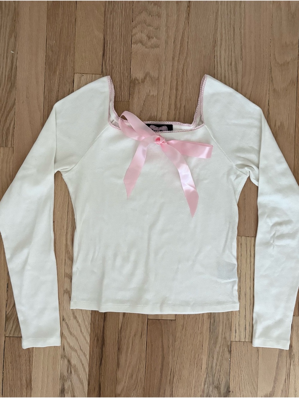 White Long-Sleeve Square Neck Top with Pink Ribbon